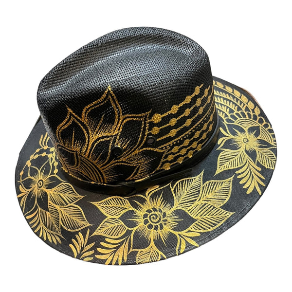 HAT MEXICAN Artisanal Hand Painted Fedora Floral Sombrero Panama Bohemian Black