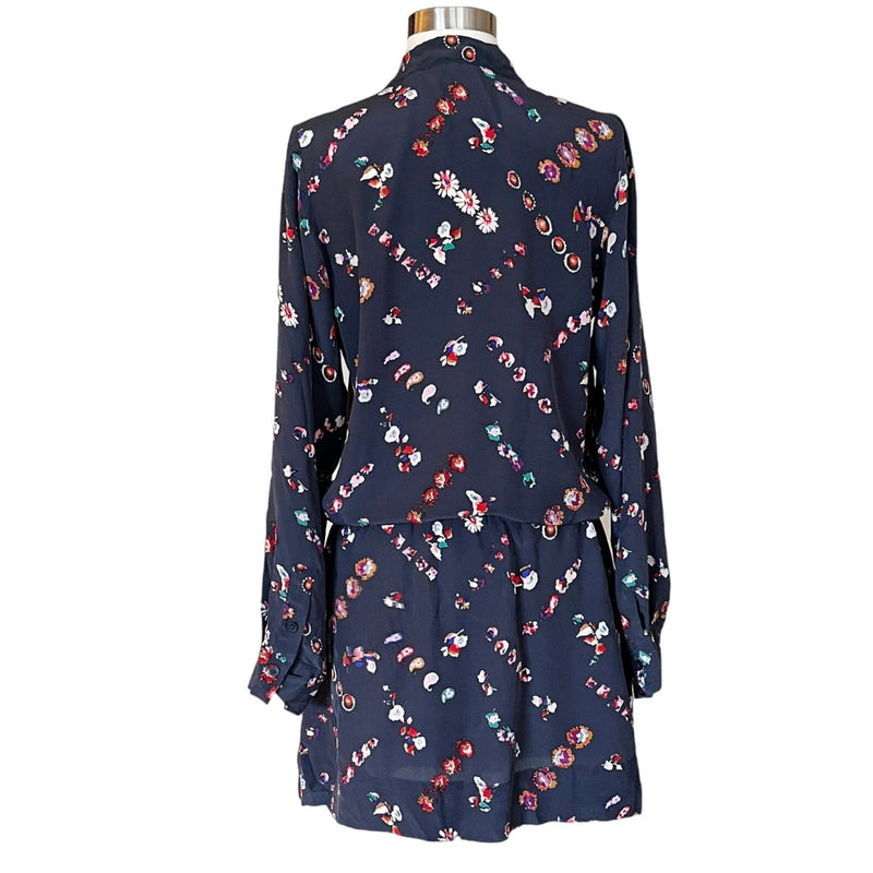 REBECCA TAYLOR SILK Mini Shirt Dress Cocktail Blue Floral Button Down Ruffles 8