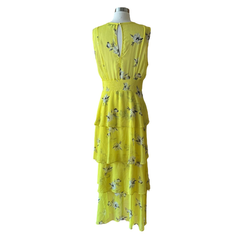 GREAT JONES Floral Silky Chiffon Tiered Dress Maxi Sleeveless Yellow Crew Neck