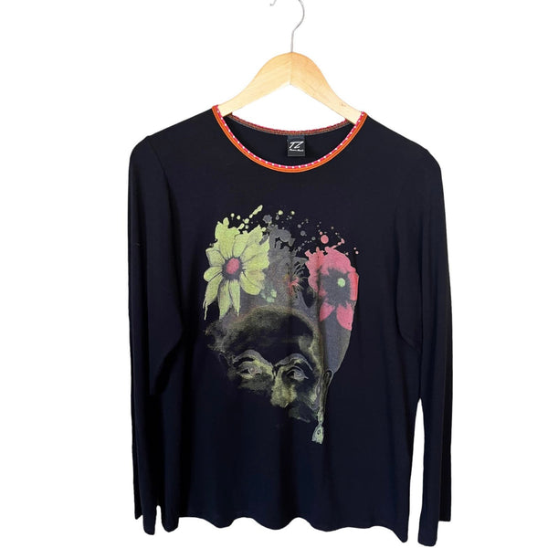 T.ZOVICH Top Abstract Frida Kahlo Graphic Print Long Sleeves Black Crew Neck XL