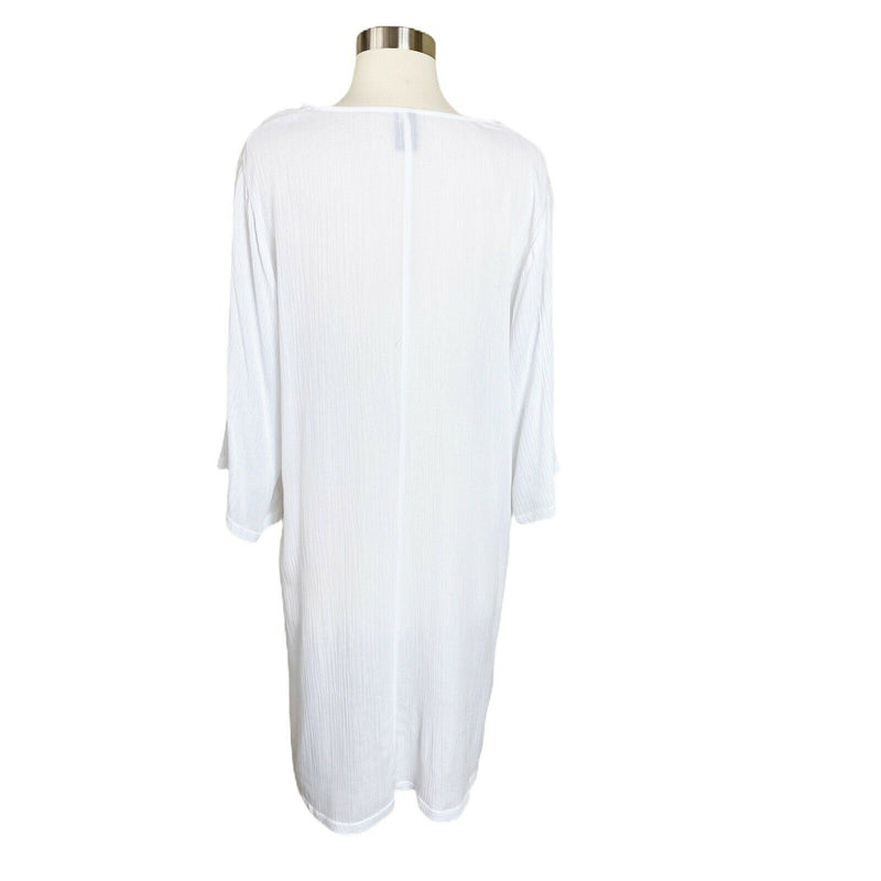 BEACH COVER UP TUNIC T. Zovich White with Feathers Print Half Sleeves Large