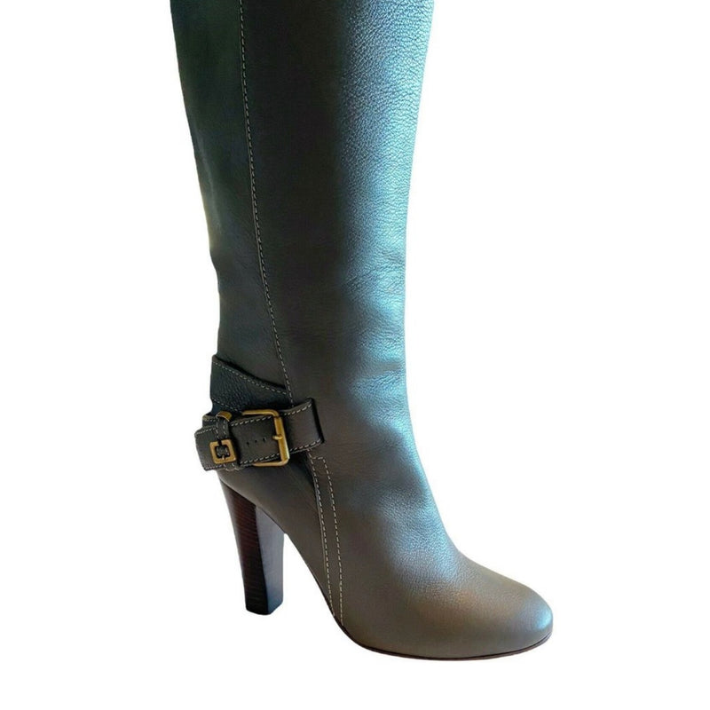 CHLOE Tucson Gray Boots Leather Adjustable Belt Knee High Tall Italy EU 38 /7.5