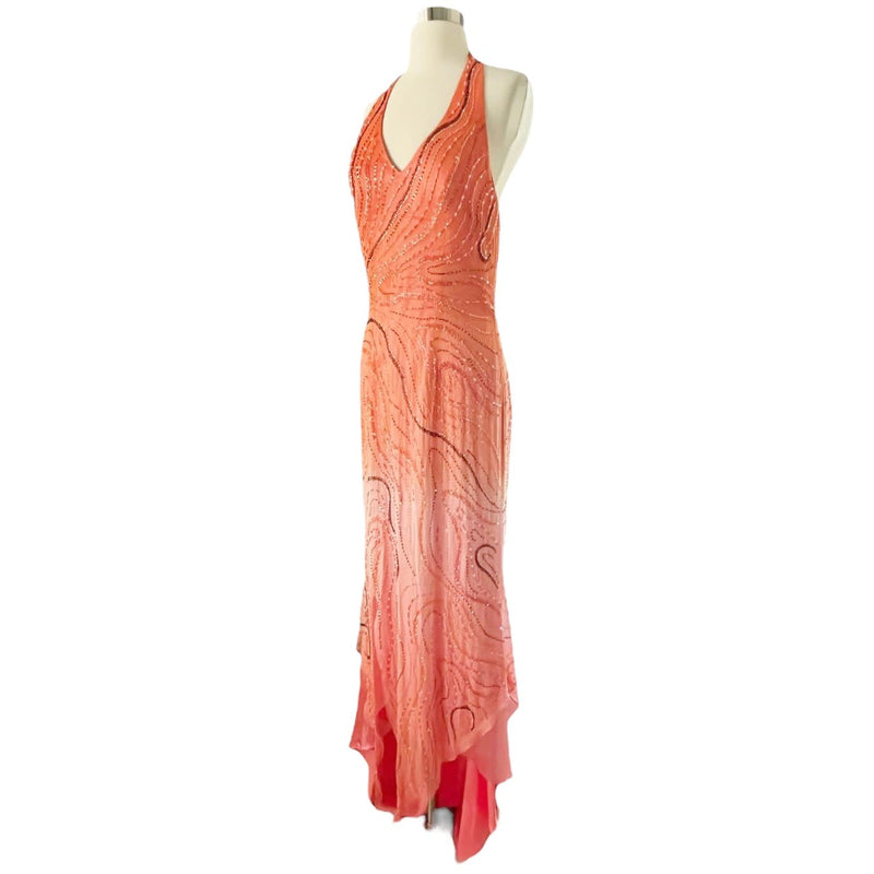 LARA Embellished Gown Ombre Orange A-Line Halter Beaded Silk Chiffon Dress 12