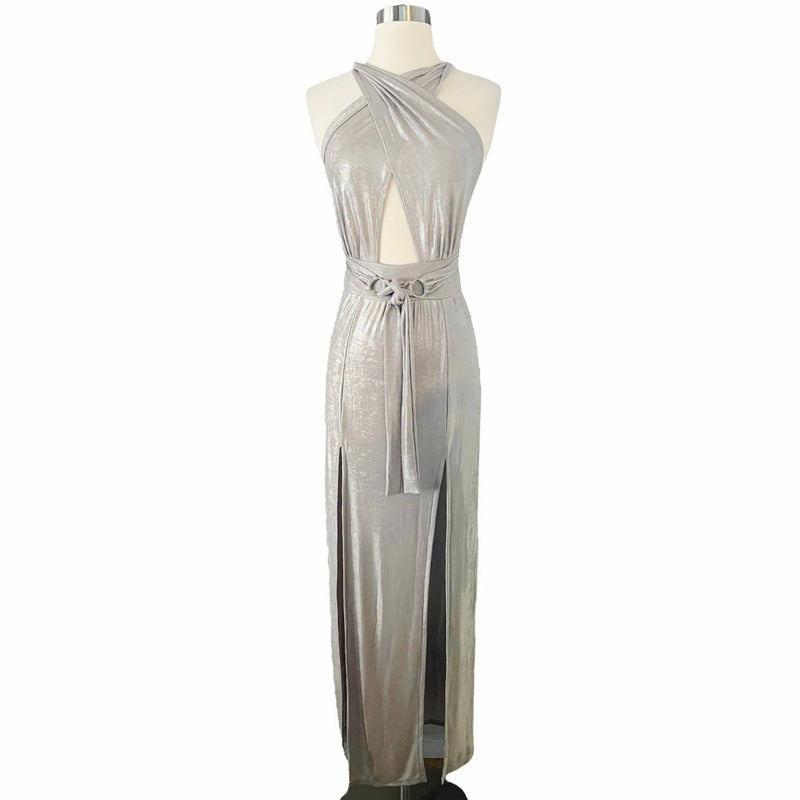 T. ZOVICH Maxi Dress Slinky Metallic Silver Multiway Halter Open Back Slits S/M