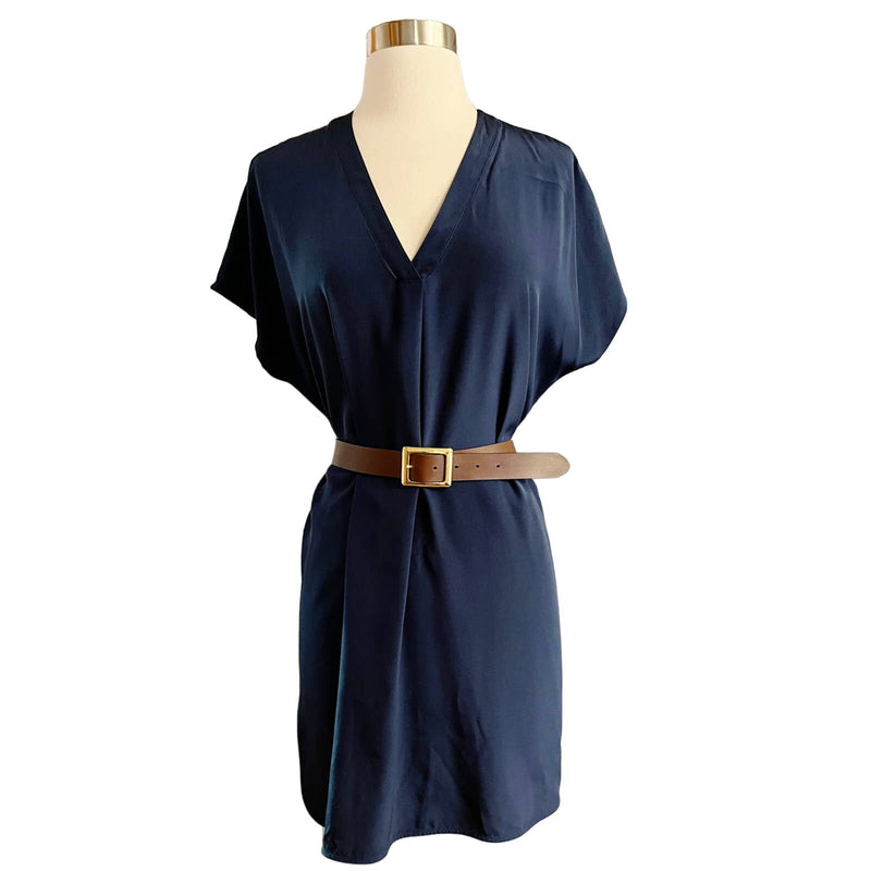 VINCE V-Neck Tunic Dress Midi Slip On Silk Short Sleeves Slip On Navy Small EUC