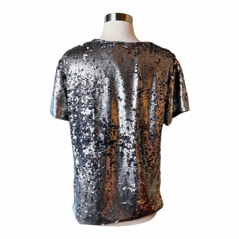 ANTHROPOLOGIE Sequin Top Short Sleeve V-Neck Vanessa Virginia Silver Small EUC