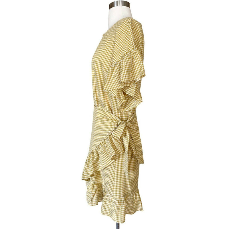 TULAROSA Jenny Mini Dress Marigold Plaid Wrap Ruffles Cotton Yellow Medium EUC