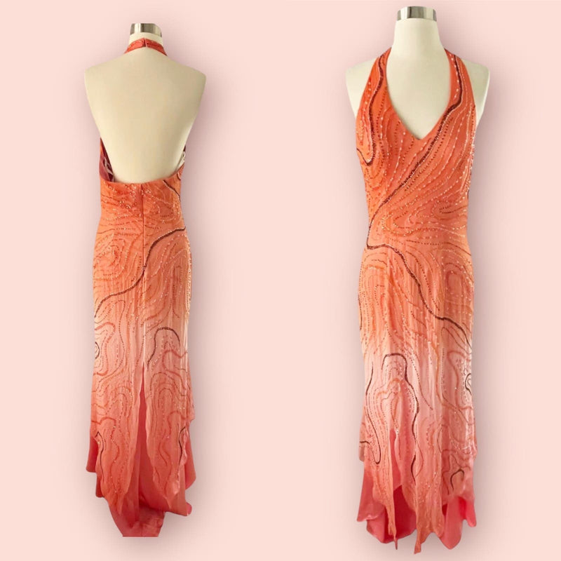 LARA Embellished Gown Ombre Orange A-Line Halter Beaded Silk Chiffon Dress 12