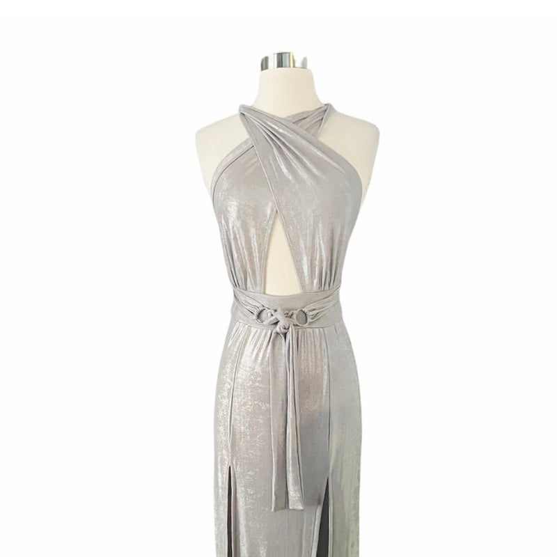 T. ZOVICH Maxi Dress Slinky Metallic Silver Multiway Halter Open Back Slits S/M