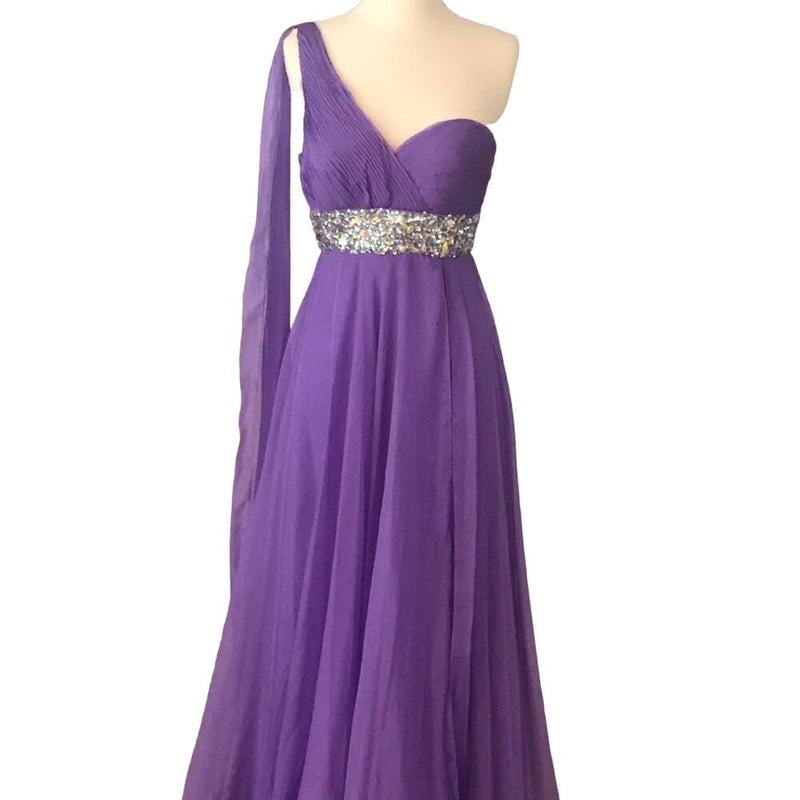 TEMPTATION Purple Lilac Gown Chiffon One Shoulder Embellished Rhinestone Dress 2