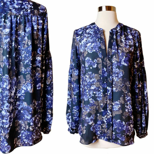 PARKER Floral Blouse V-Neck Long Sleeve Button Down Purple Blue Medium Top EUC