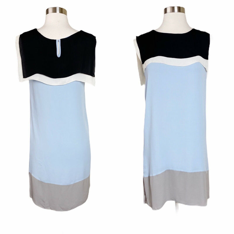 L'AGENCE Silk Colorblock Shift Dress Sleeveless Cape Neck Blue Gray Black 2