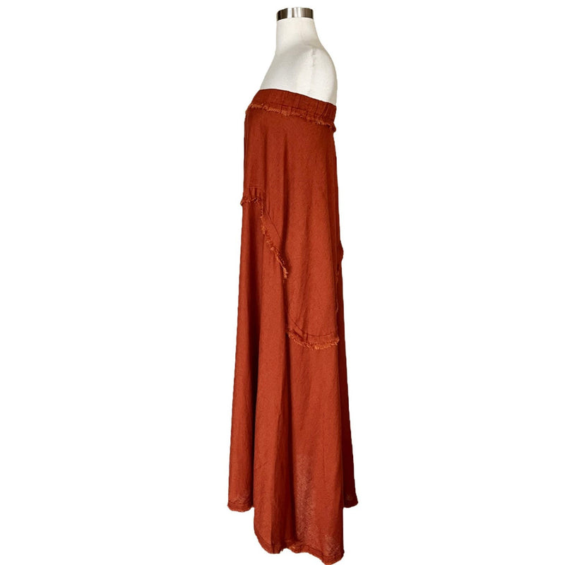 T. ZOVICH Strapless Dress Maxi Rust Brown Raw Hem Medium Boho Resort Raw Hem