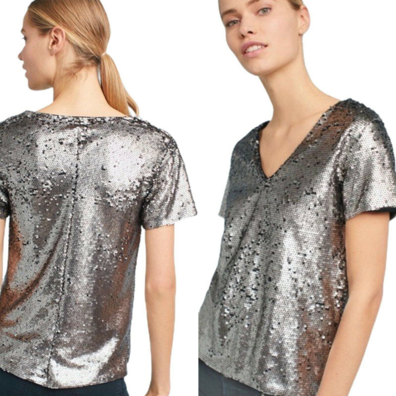 ANTHROPOLOGIE Sequin Top Short Sleeve V-Neck Vanessa Virginia Silver Small EUC