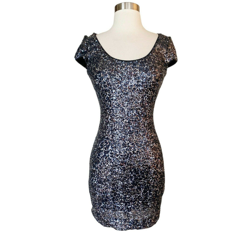 DRESS THE POPULATION Gabriella Mini Dress Sequins Stretchy Black Silver Medium