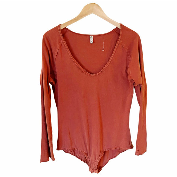 FREE PEOPLE Bodysuit Long Sleeves Burnt Orange Scoop Neck Cotton Raw Hem NWOT