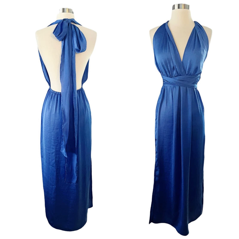 T. ZOVICH Blue Maxi Dress Satin Halter Ties Multiway Lightweight Ties Small NWT