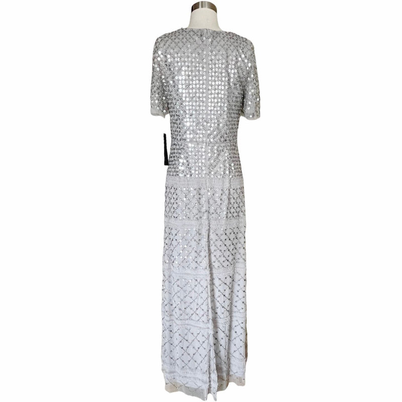 AIDAN MATTOX Silver Gown Dress Short Sleeves Beaded Sequined Piping V-Neck 6 NWT