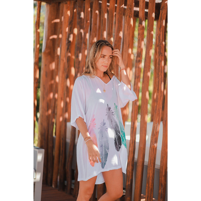 BEACH COVER UP TUNIC T. Zovich White with Feathers Print Half Sleeves Large