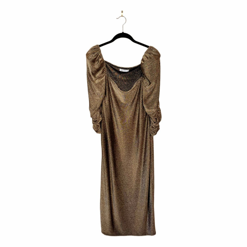 REFORMATION Rahm Dress Gold Shimmery 3/4 Sleeves Puff Shoulders Stretchy 1X EUC