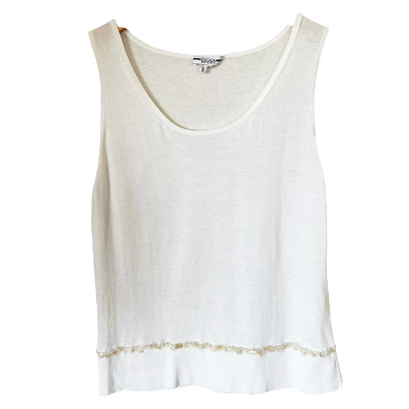 ESCADA SPORT Knit Tank White Sequins Trim Cotton Scoop Neck Sleeveless Medium