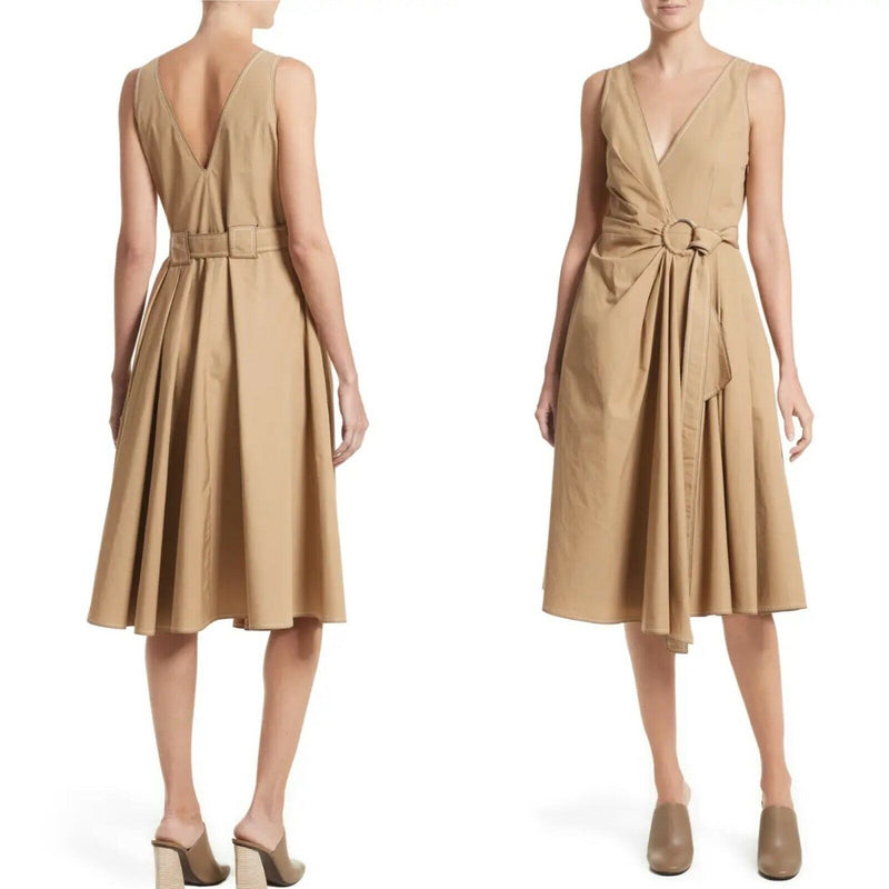 DEREK LAM 10 CROSBY Cotton Poplin Gathered Wrap Dress Sleeveless Camel Tan 4 EUC