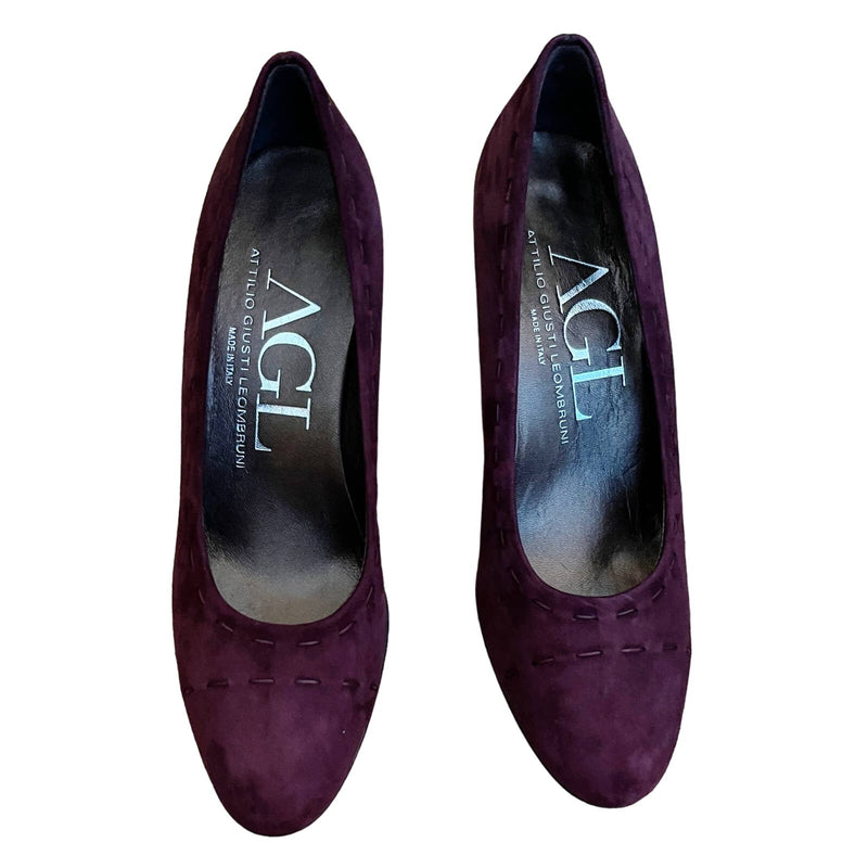 AGL Burgundy Suede Pumps Leather Round Toe Heels Shoes Italy EU 37.5 US 7 NWOT