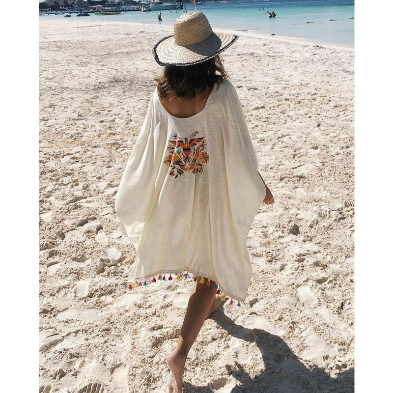 BEACH COVER UP KIMONO T. ZOVICH Otomi Graphic Shawl Natural Print Ruana Bohemian