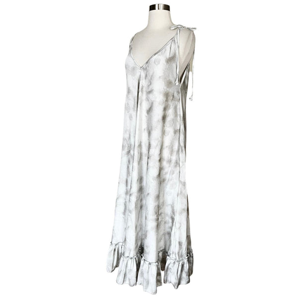 T. ZOVICH Maxi Dress Gray Tie Dye Silver Sleeveless Swing V-Neck Shoulder Ties