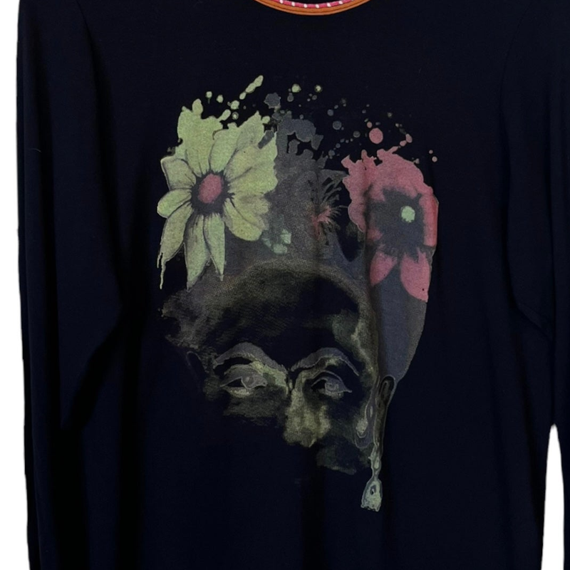 T.ZOVICH Top Abstract Frida Kahlo Graphic Print Long Sleeves Black Crew Neck XL