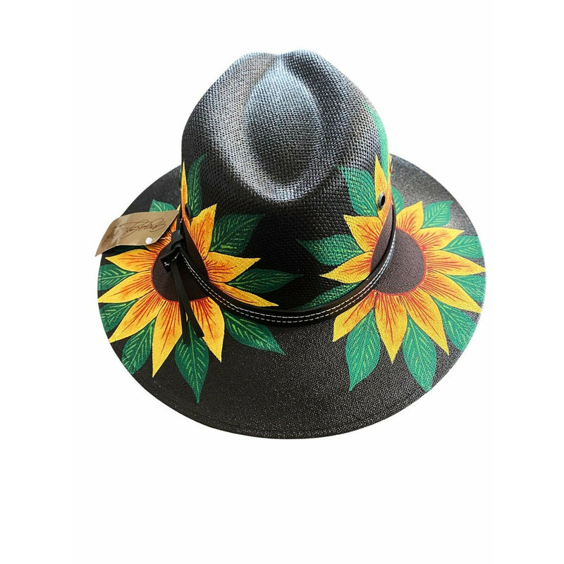 MEXICAN Artisanal Hat Hand Painted Fedora Sunflower Sombrero Panama Medium Black