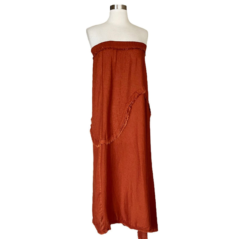 T. ZOVICH Strapless Dress Maxi Rust Brown Raw Hem Medium Boho Resort Raw Hem