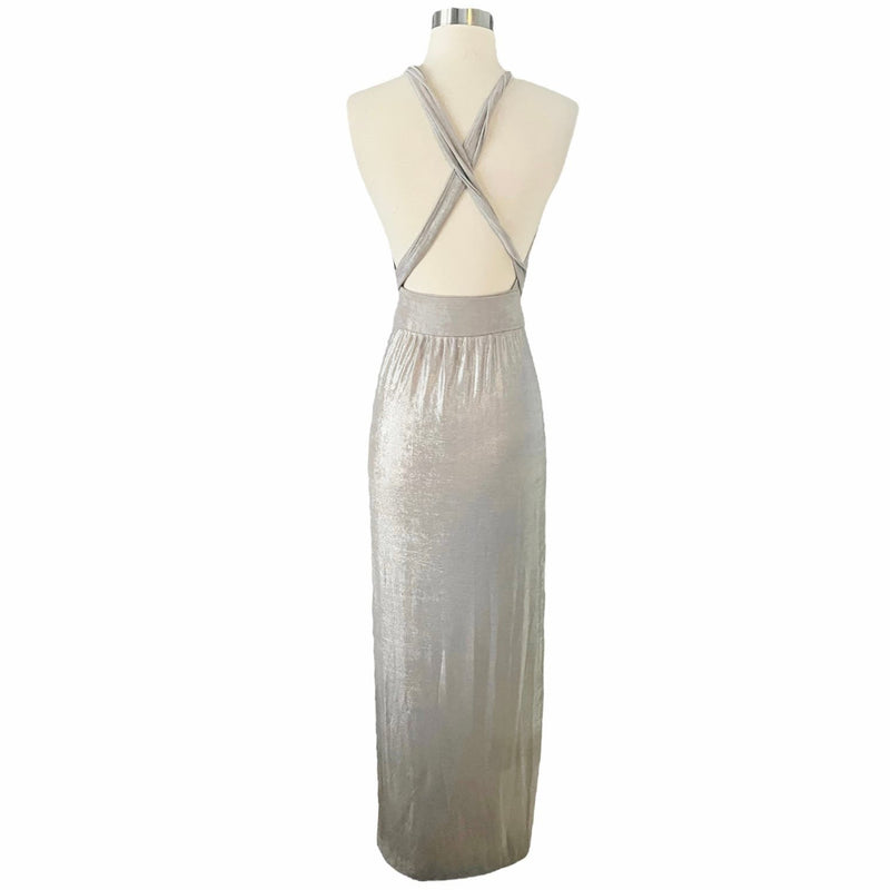 T. ZOVICH Maxi Dress Slinky Metallic Silver Multiway Halter Open Back Slits S/M