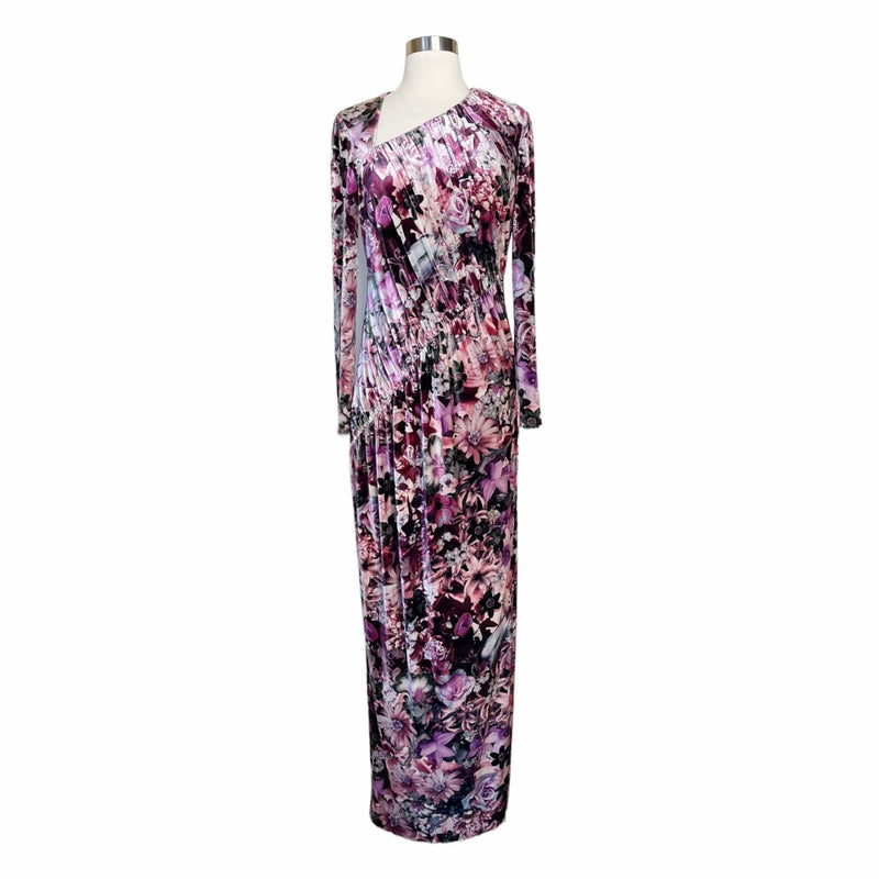 AIDAN MATTOX Velvet Dress Floral Maxi Stretch Multicolor Pink Long Sleeve 6 NWT