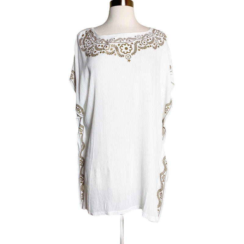 TUNIC BEACH COVER UP T. Zovich Solid with Floral Trim Swim Sustainable White NWT