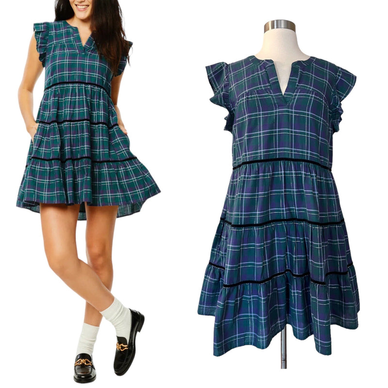 ROLLER RABBIT Inverness Plaid Pippa Mini Dress Blue Green Short Sleeves XXS EUC