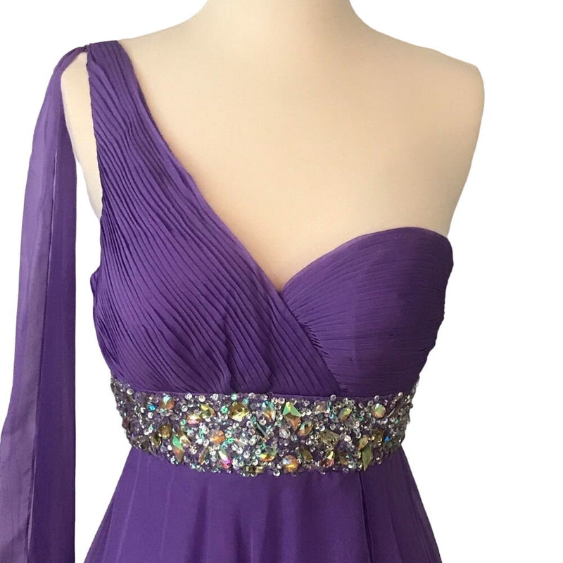 TEMPTATION Purple Lilac Gown Chiffon One Shoulder Embellished Rhinestone Dress 2