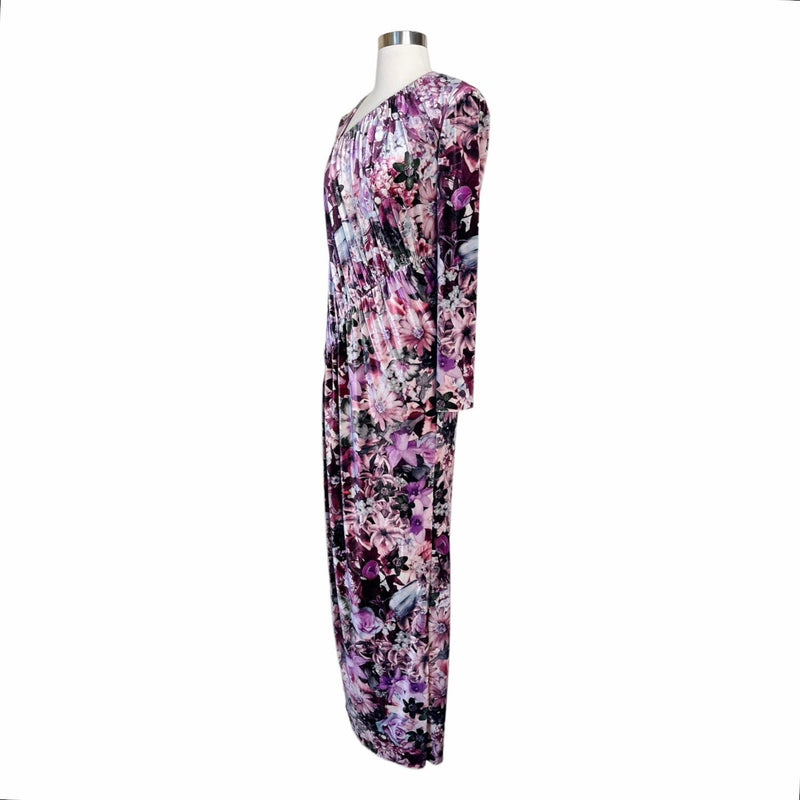 AIDAN MATTOX Velvet Dress Floral Maxi Stretch Multicolor Pink Long Sleeve 6 NWT