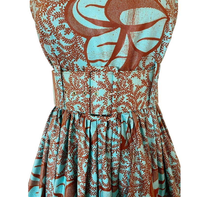 SIKA Floral Midi Dress Fit and Flare Belted Sleeveless Teal Brown Cotton Small