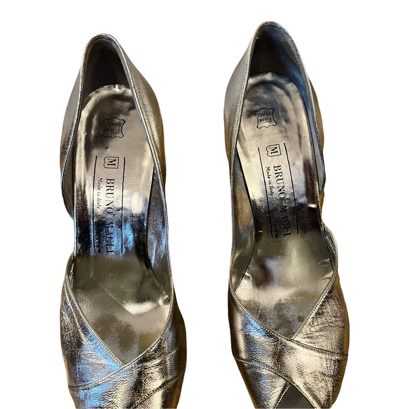 BRUNO MAGLI Silver Pumps Peep Toe Metallic Cone Heels Italy Designer Shoes 7.5