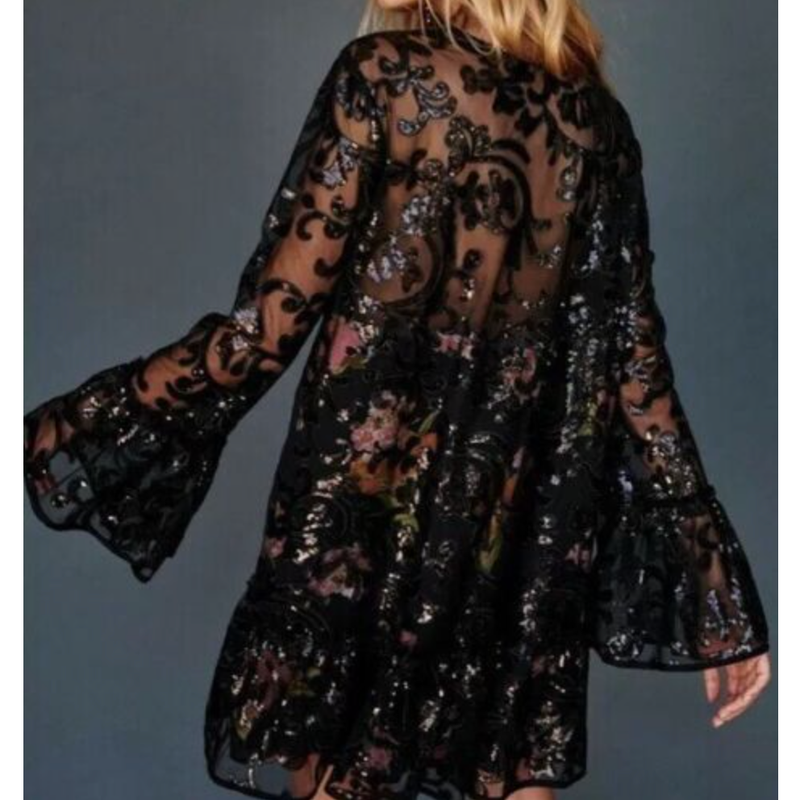 FREE PEOPLE Falling Flowers Frock Mini Dress Black Red Sequins Cocktail Small
