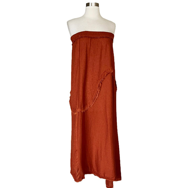 T. ZOVICH Strapless Dress Maxi Rust Brown Raw Hem Medium Boho Resort Raw Hem