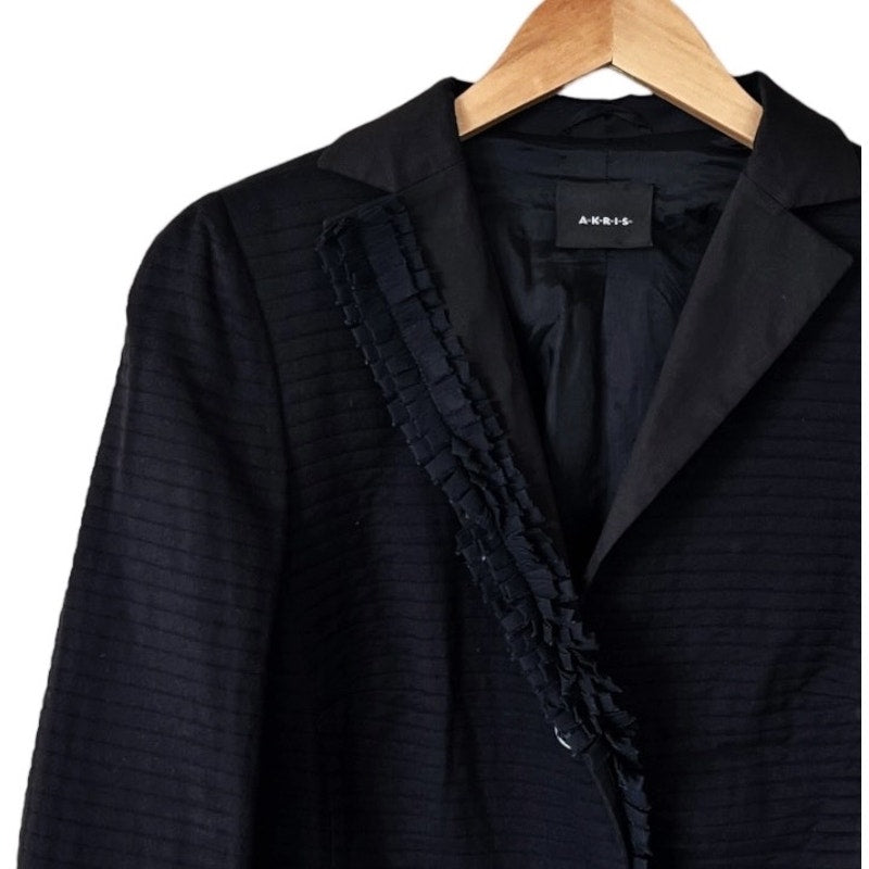 AKRIS PUNTO Blazer Black Jacket Designer Cotton Ruffle Collar Minimalist 14 EUC