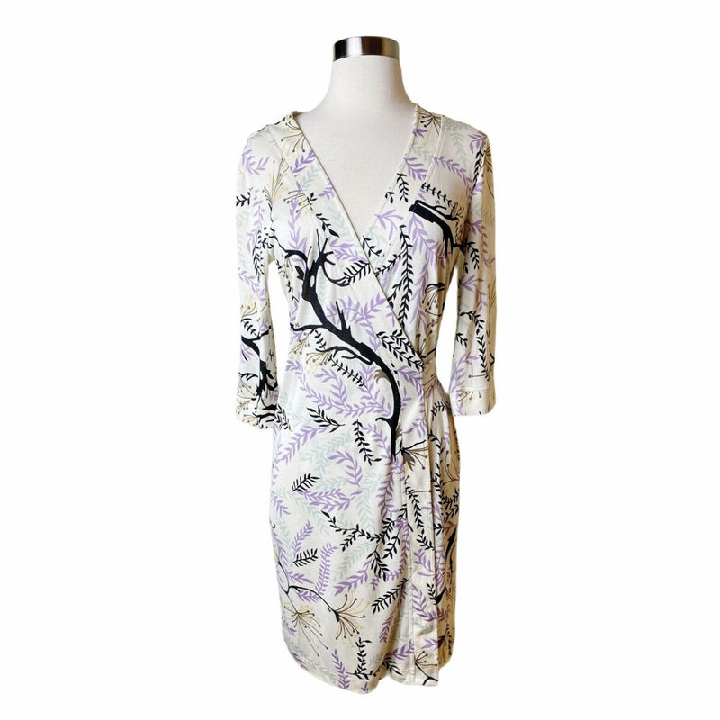 MISSONI Wrap Silk Dress Purple Brown White Foilage V-Neck EU 44 / Medium / 6-8