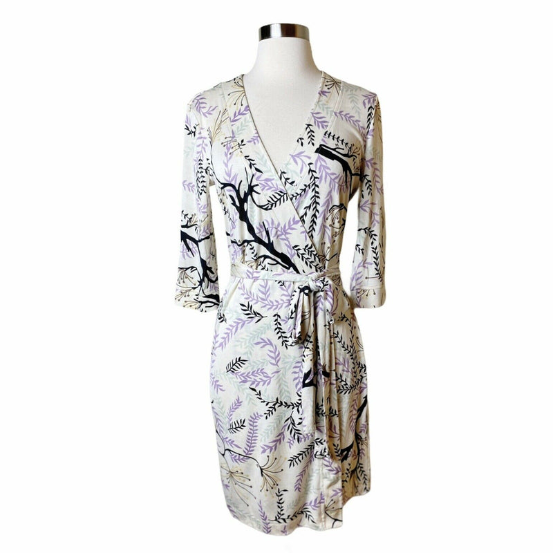 MISSONI Wrap Silk Dress Purple Brown White Foilage V-Neck EU 44 / Medium / 6-8