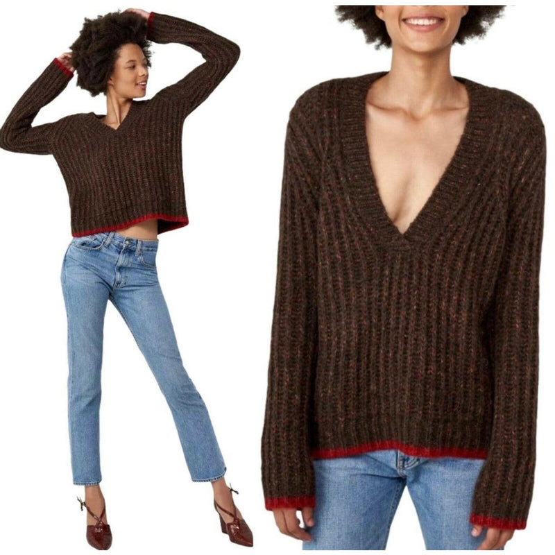 LA LIGNE Brown Sweater Fuzzy Wuzzy Pullover V-Neck Alpaca Cotton Wool Red Trim S