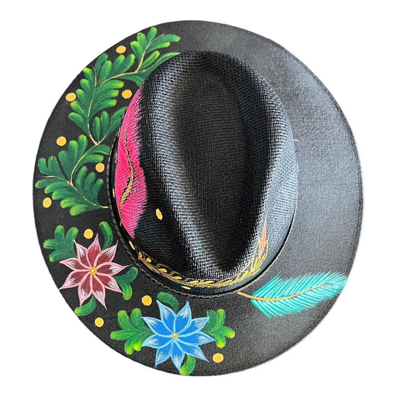 HAT MEXICAN Artisanal Hand Painted Fedora Floral Sombrero Panama Bohemian Black