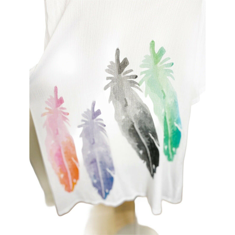 BEACH COVER UP TUNIC T. Zovich White with Feathers Print Half Sleeves Large