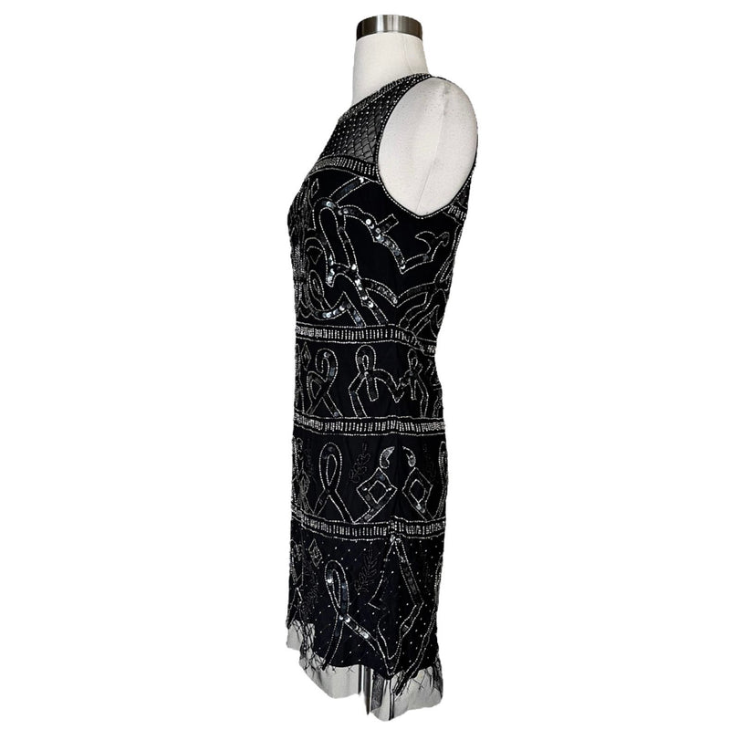 ADRIANNA PAPELL Black Dress Beaded Illusion Sheath Cocktail Mini A-Line 6 NWT