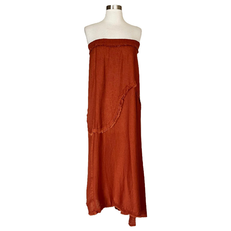 T. ZOVICH Strapless Dress Maxi Rust Brown Raw Hem Medium Boho Resort Raw Hem